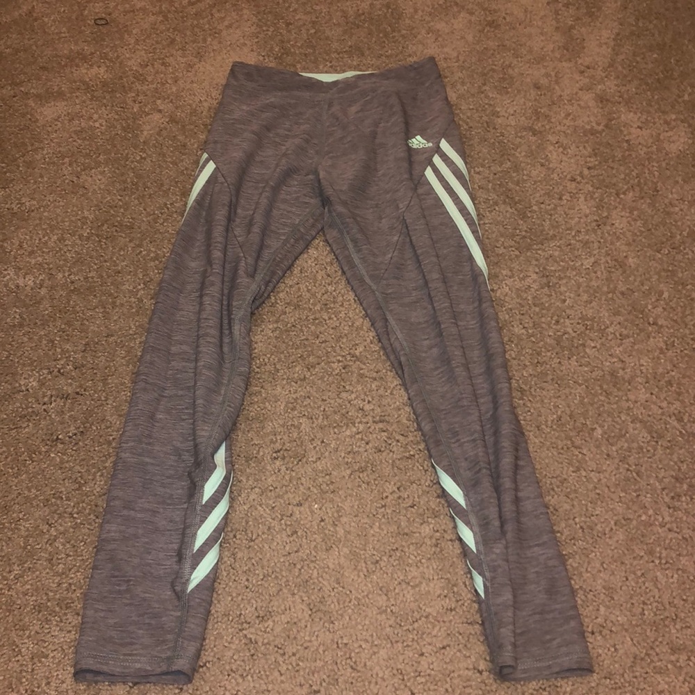 Gray and teal Adidas leggings.